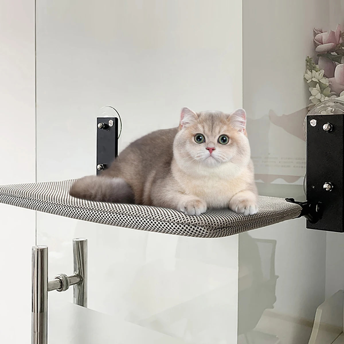 Metal Cat Hammock Bed Window Sill Suction Cup Cat Window Perch Sunny Seat Hanging Cat Bed for Balcony Indoor Use